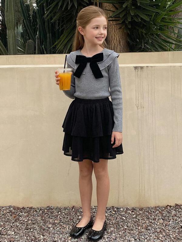DAZY Tween Girl Bow Front Petal-Pan Collar Tee & Layer Hem Skirt Set