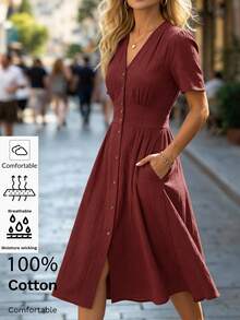 Editum V Neck Button Front Midi Dress - Red - View 3