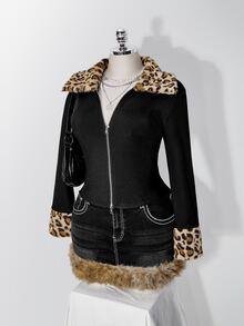 SHEIN ICON 大碼豹紋 Borg 領毛絨飾邊夾克外套 冬季 - 黑色 - 查看 7