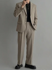 DAZY Men Lapel Neck Single Breasted Blazer & Suit Pants Set - Grey - View 3