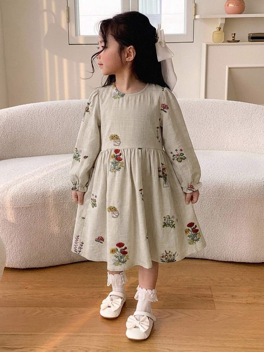 Dazy Kids 女童花卉印花荷葉袖洋裝 - 杏色 - 查看 1