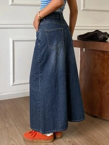 DAZY Solid Slant Pocket Denim Skirt Vacation - Blue - View 5