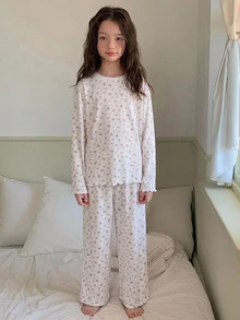DAZY 青少年女孩碎花 T 恤與長褲睡衣套裝 秋季款 - 白色 - 查看 5