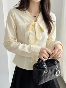 DAZY Solid Tie Neck Button Through Blouse - White - View 6