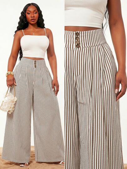 SHEIN SXY Plus Size Brown And White Striped Print Textured High-Waist Loose-Fitting Trousers/Pants,Casual,Elegant,Seaside,Richly Layered,Old Money,Modest,Chic