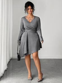 Elenzga Plus Size Dresses Formal Evening Gray Autumn Casual Elegant - Dark Grey - View 5