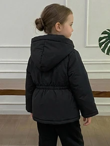DAZY Young Girl Letter & Cartoon Graphic Hooded Winter Coat Fall - Black - View 2