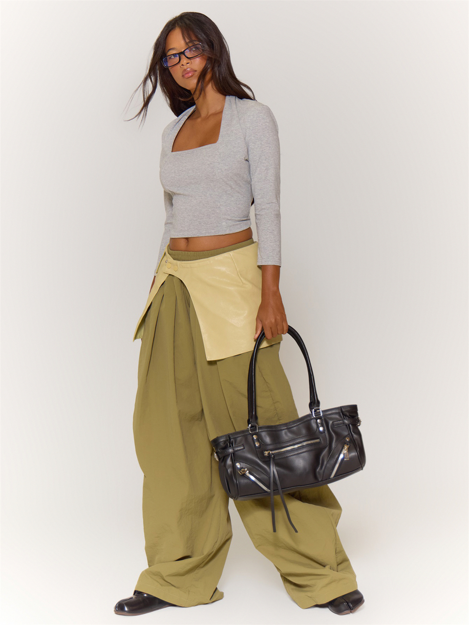 Top Cinza com Decote Quadrado, Efeito de Sobreposição de Xale, Manga 3/4, Verão, Estilo Feminino, Roupa de Ficar em Casa para o Dia a Dia