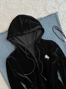 Attitoon Sudadera con capucha, cordón y cremallera con detalle de bordado en terciopelo - Negro - Ver 5