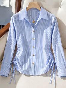 SHEIN Franclia Vertical Blue And White Stripe Drawstring Side Shirt Teachers' Day Office Autumn Smart Casual Elegant - Blue - View 7