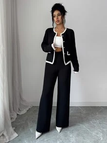 Elenzga Contrast Trim Button Front Cardigan & Knit Pants - Multicolor - View 3