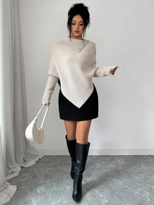 Elenzga 1pc Button Detail Batwing Sleeve Sweater - Apricot - View 6