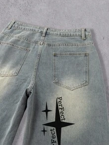 Manfinity Denimwave 大碼字母圖案水洗寬腿牛仔褲（無腰帶） - 藍色 - 查看 6