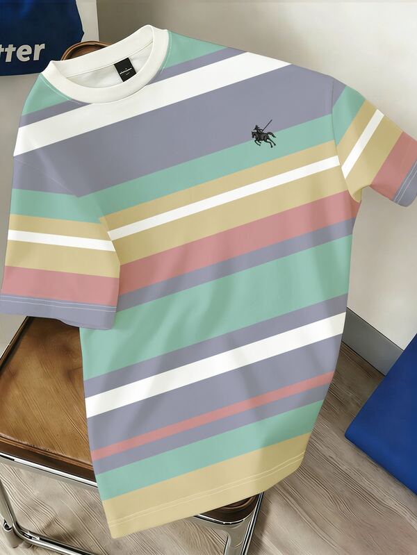 Manfinity Joysei Camiseta de verano de manga corta para hombre talla grande con estampado de rayas en contraste y detalle de bordado