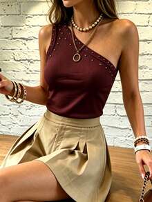 Cévolie One Shoulder Rhinestone Detail Top - Red Violet - View 4