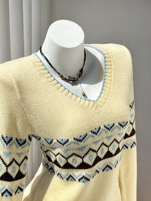 Elamini Geo Pattern Contrast Trim Sweater Everyday School Yellow Autumn Preppy Vintage - Light Yellow - View 4