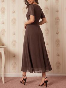 Amorya Surplice Neck Butterfly Sleeve Midi Dress - Coffee - View 2