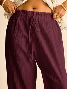 Freevana Pantalones de pierna ancha de color sólido talla grande - Rojo violeta - Ver 3