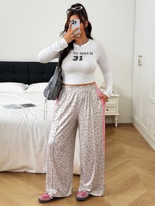 SHEIN EZwear Plus Leopard Print Contrast Side Seam Wide Leg Sweatpants - Multicolor - View 4