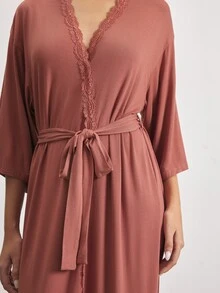 Ocili Lace Trim Belted Lounge Robe - Dusty Pink - View 6