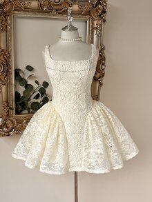 Lovelzi Floral Embroidery Lace Bridal Shower Bachelorette Wedding Dress All White Fall Elegant - White - View 2