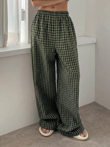 DAZY Gingham Print Elastic Waist Sleep Pants - Green - View 4