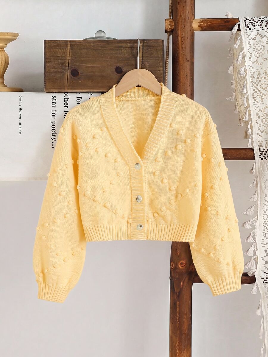 SHEIN Vintaside Kids 女童落肩開襟鈕扣針織外套 - 黃色 - 查看 1
