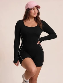 SHEIN Rhythm Era Plus 1pc Cut Out Back Contrast Piping Sports Romper - Black - View 4