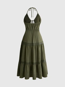 ROMWE Goth Plus Contrast Lace Tie Front Halter Dress - Green - View 2