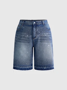 ROMWE Grunge Punk Shorts de mezclilla con detalle de strass lavados talla grande - Azul - Ver 1