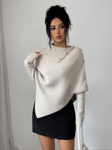 Elenzga 1pc Button Detail Batwing Sleeve Sweater - Apricot - View 5