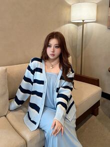 Vibekara Plus Size Contrast Striped Drop Shoulder Cardigan Winter - Multicolor - View 8
