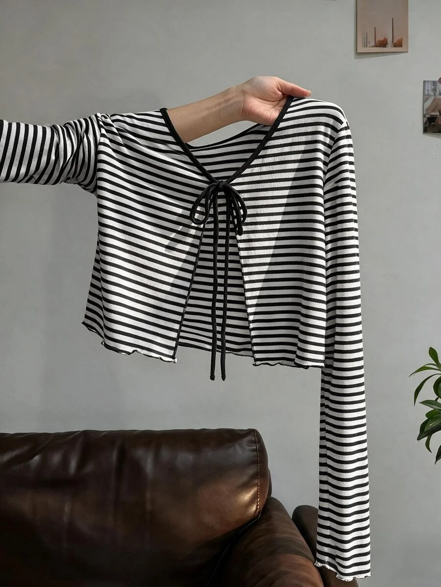 Resyla Striped Tie Front Crop Blouse - Black and White - View 1