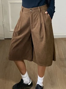DAZY Solid Cord High Waist Plicated Detail Bermuda Shorts - Brown - View 5