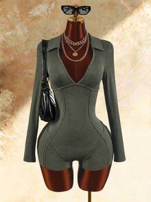 Amplova Solid Rib-Knit Deep V-Collar Unitard Romper - Army Green - View 1