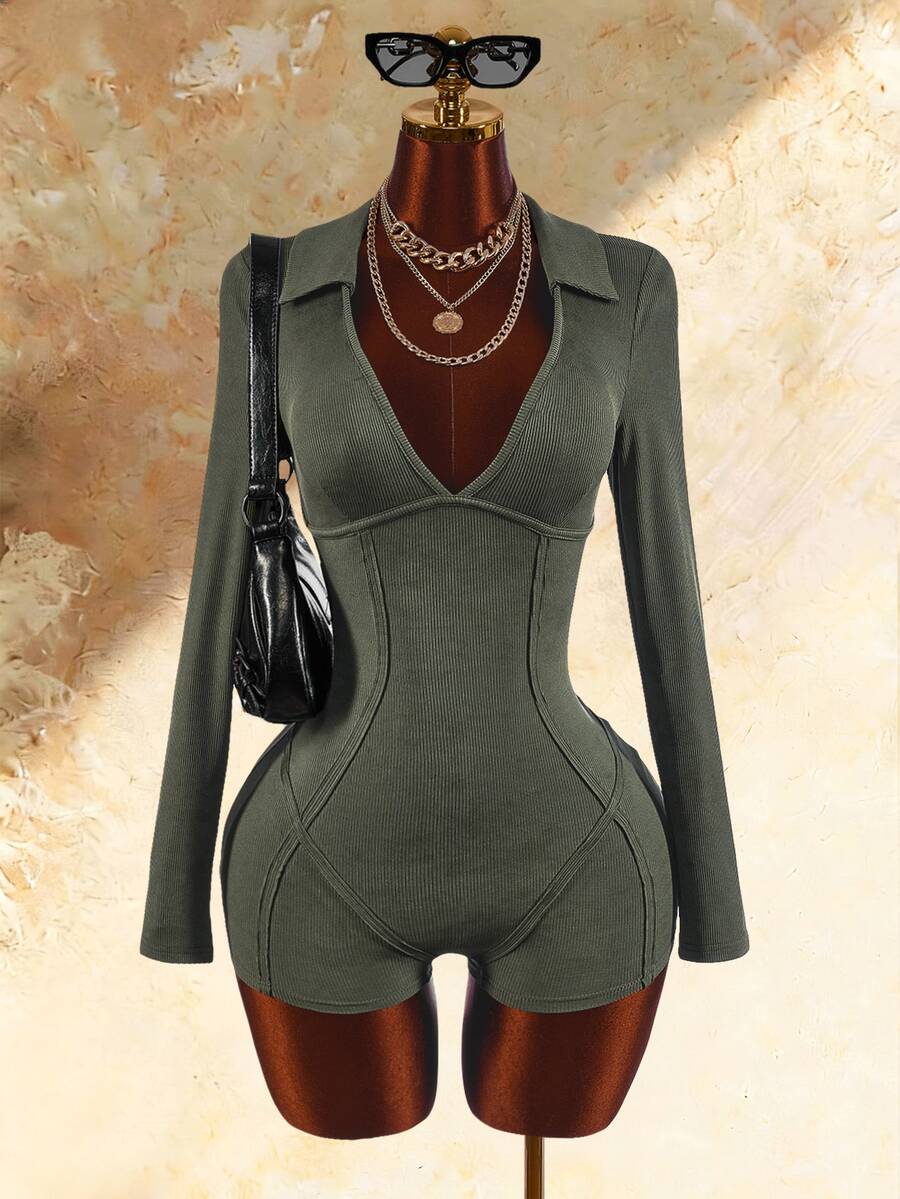 Amplova Solid Rib-Knit Deep V-Collar Unitard Romper - Army Green - View 1