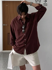 DAZY 男士純色口袋拼接襯衫 秋季 - 鏽棕色 - 查看 7