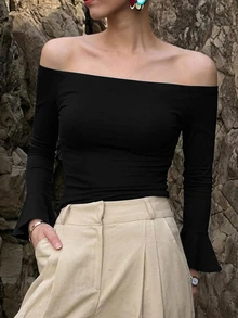 DAZY Off Shoulder Flounce Sleeve Tee - Black - View 3