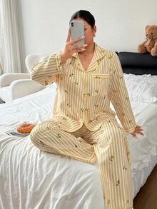Napfluff CURVE Napfluff CURVE Plus Striped & Lemon Print Long Sleeve Shirt & Pants Pajama Set - Yellow - View 5