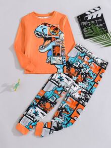 SHEIN Tween Boy Dinosaur Print Long Sleeve Tee & Pants Pajamas Set - Multicolor - View 1