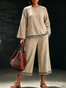 EMERY ROSE Plus Striped Trim Trumpet Sleeve Top & Wide Leg Pants Fall - Khaki - View 3