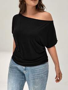 Shapeblank Plus Solid Batwing Sleeve Tee - Black - View 3