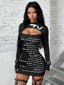 Jeanoix Slogan Graphic Cut Out Front Bodycon Dress - Black - View 3