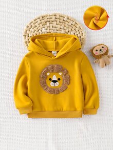 SHEIN 男嬰卡通獅子刺繡保暖內裡連帽衛衣 - 黃色 - 查看 1