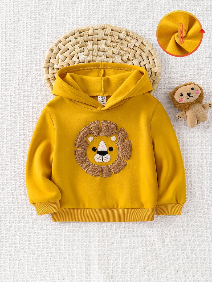 SHEIN 男嬰卡通獅子刺繡保暖內裡連帽衛衣 - 黃色 - 查看 1