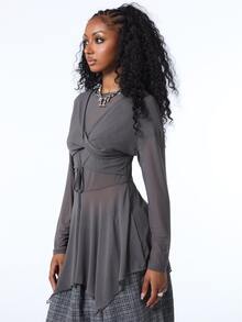 COUREZ Twisted Front Mesh Mini Layering Dress / Y2K Clothes Mini Dresses For Women Cute Tops Grey Top Streatwear Flowy Tops Fall Clothes Winter Outfuts - Dark Grey - View 5