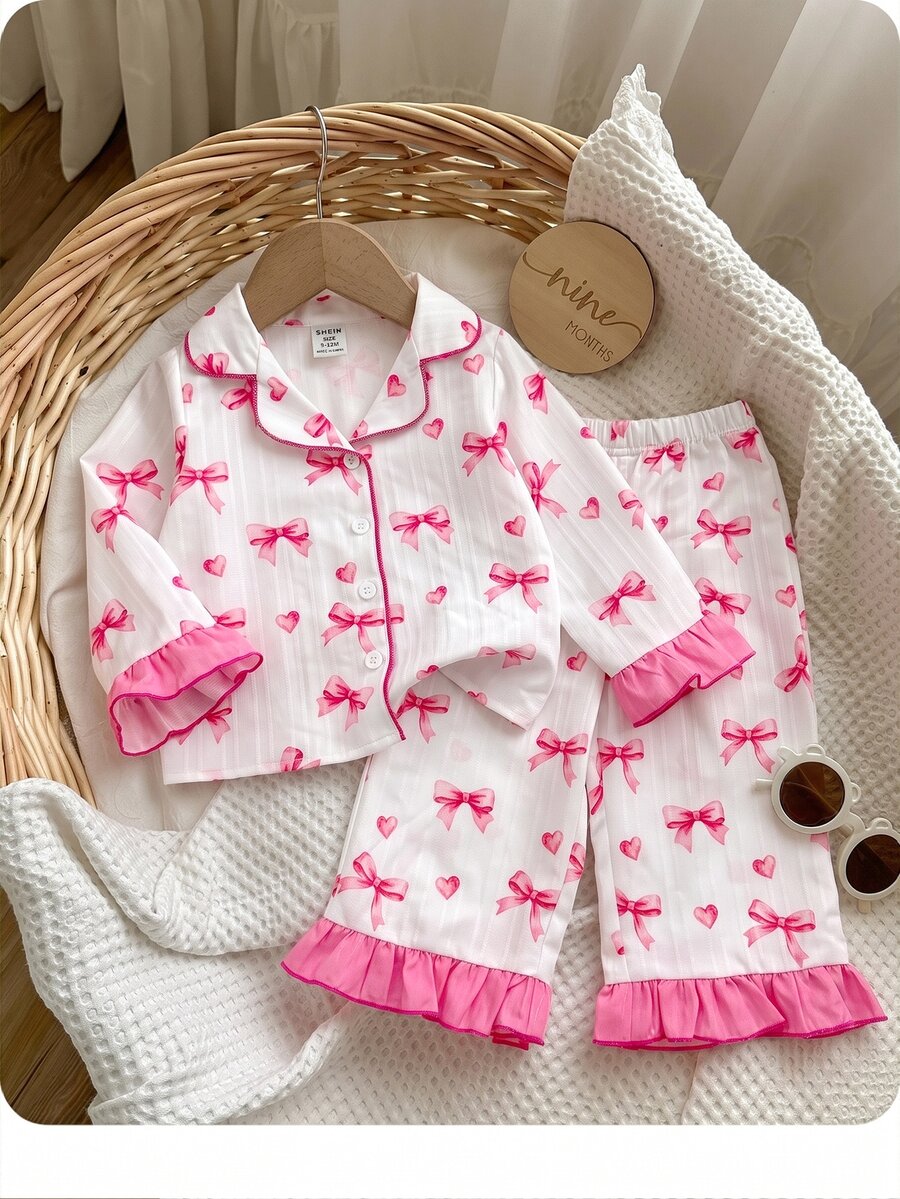 SHEIN Baby Girl Bow Print Contrast Piping Ruffle Trim PJ Set - White - View 1