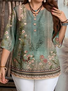 EMERY ROSE Blusa de talla grande con estampado floral y cuello con muesca - Verde - Ver 4