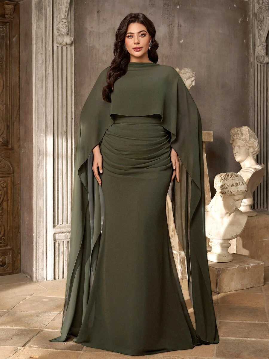 Aureia Plus Mock Neck Cloak Sleeve Ruched Waist Mermaid Hem Formal Dress - Army Green - View 1