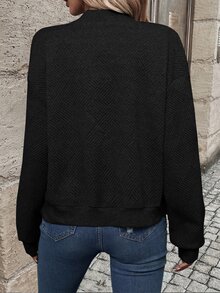 EMERY ROSE Solid Textured Knit Zip Up Lightweight Bomber Jacket - Black - View 2